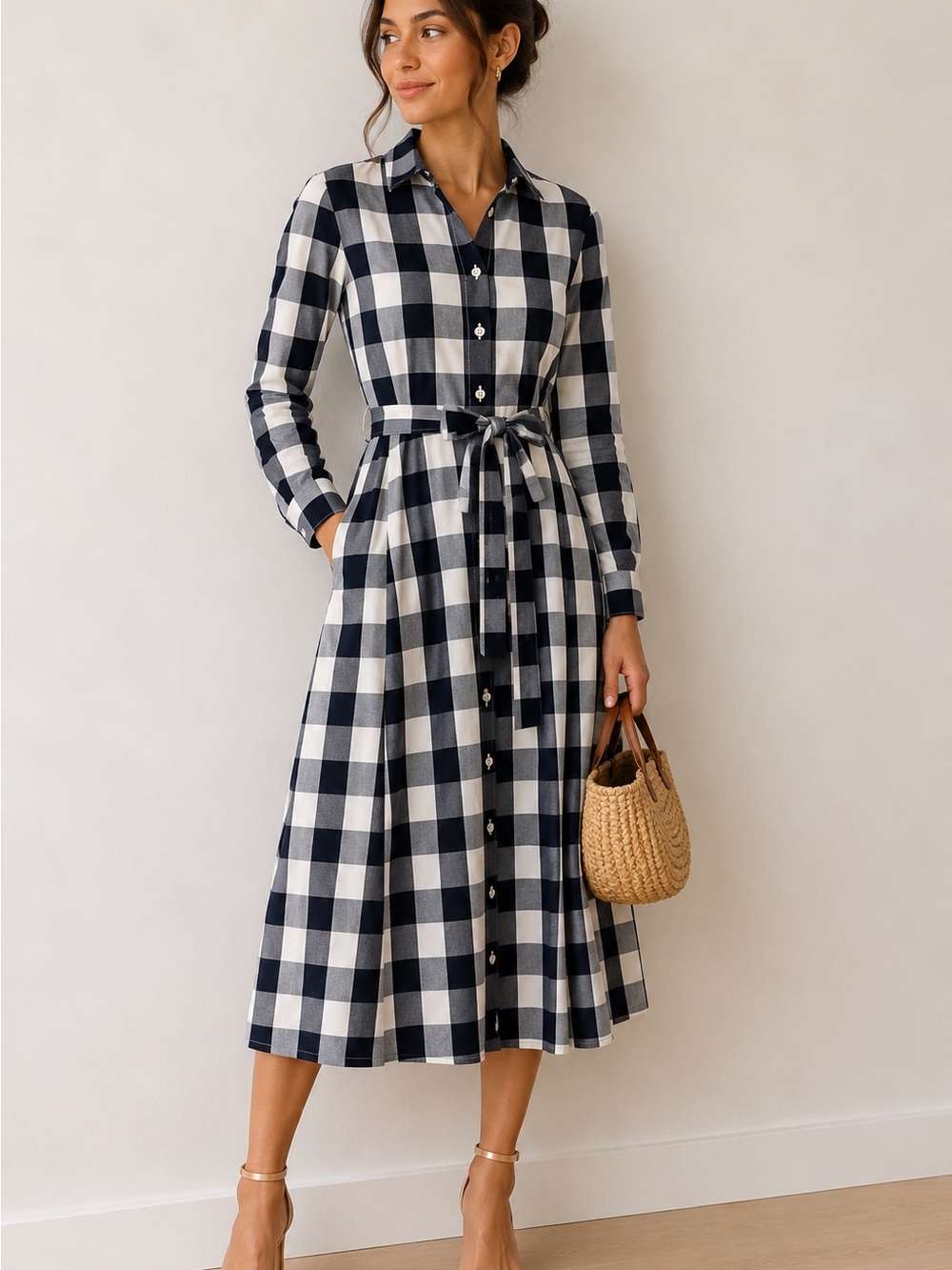 J. Crew navy blue & White Gingham Midi Shirt Dress